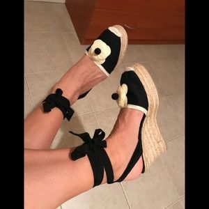 Chanel Camellia CC Flower Ankle Tie Wedge + Box 38